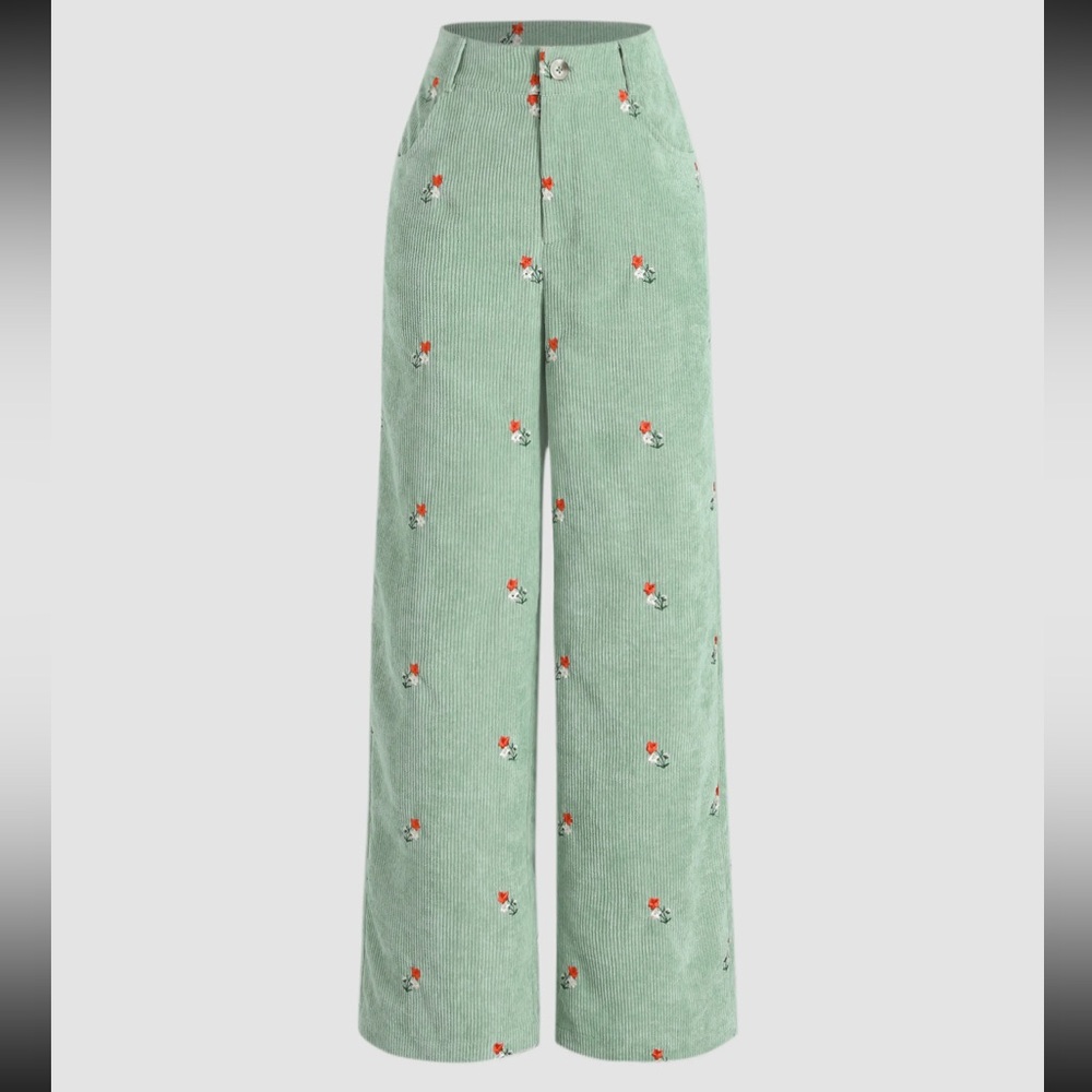 Corduroy Floral Embroidered Pants - Picture 3 of 10